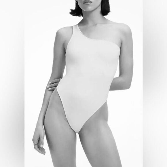 GOOD AMERICAN Scuba One Shoulder High Cut Thigh One Piece Swimsuit Blk SZ 1 NWT - Picture 2 of 9